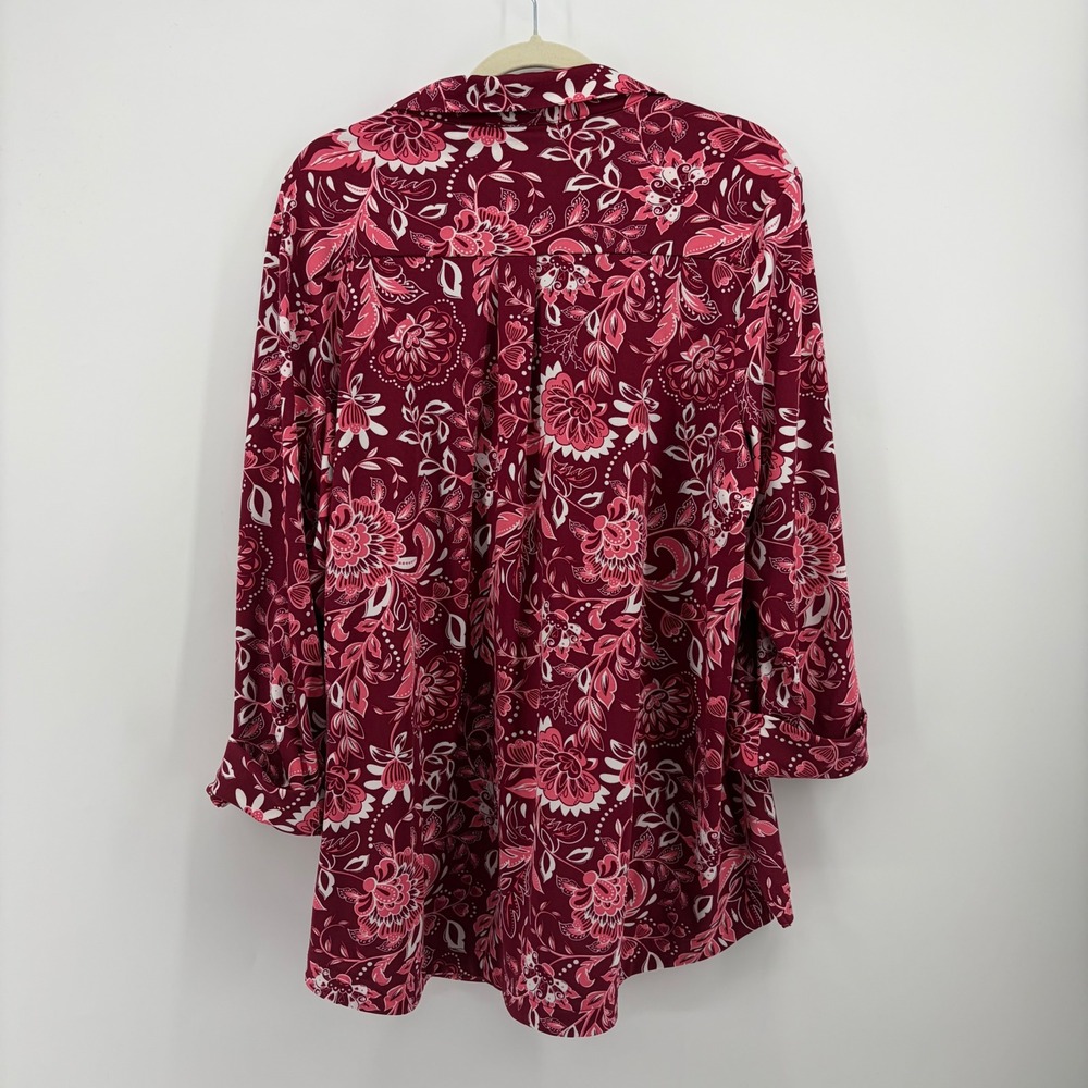 Kim Rogers Womens XXL Burgundy Floral Tunic Top Pleated Empire Waist 3/4 Sleeve - Picture 2 of 5